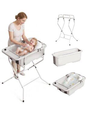 Collapsible White Baby Bathtub with Stand & Thermometer - Foldable Infant Tub